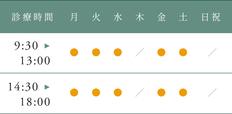 診療時間：9:30-13:00/14:30-18:00/休診日：木日祝